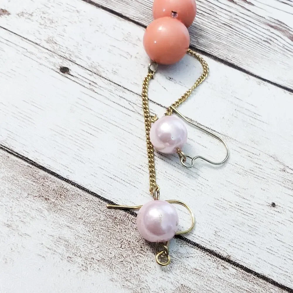 Vintage Earrings For Pierced Ears - Long Pink/Peach Faux Pearl Dangle